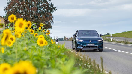 Volkswagen ID.7 Driving amongst sunflowers